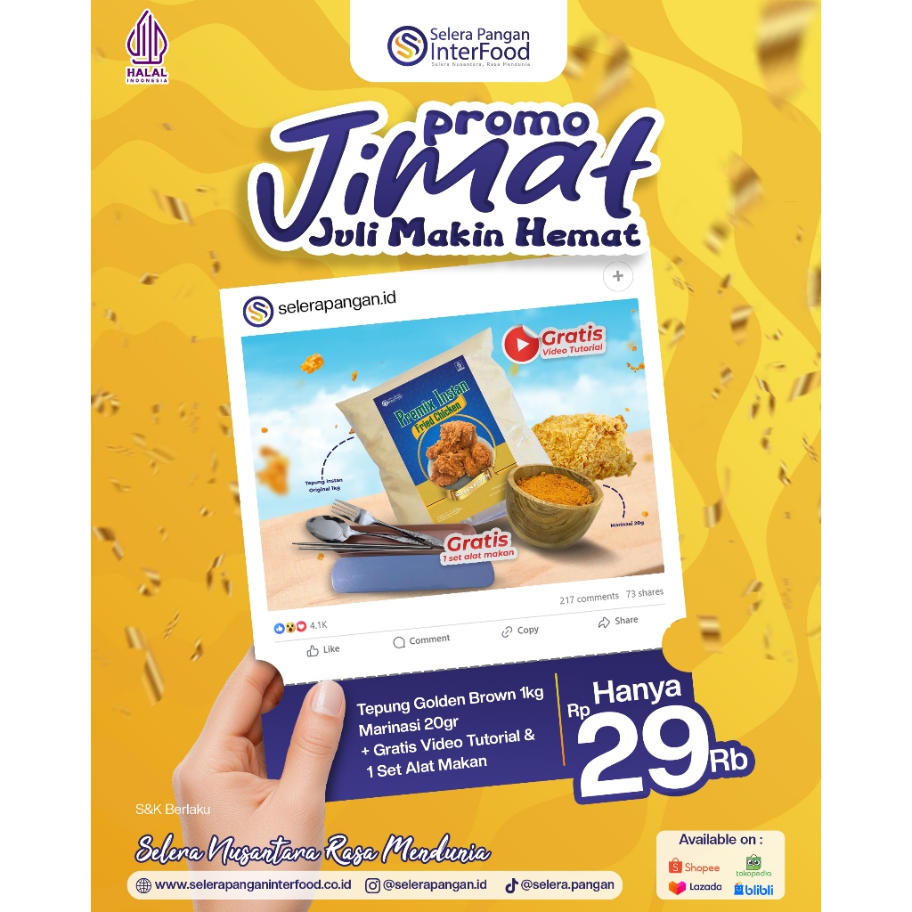 

Selera Pangan Interfood Paket Hemat Promo Jimat (Tepung Bumbu 1kg dan Bumbu Marinasi untuk 1kg daging)
