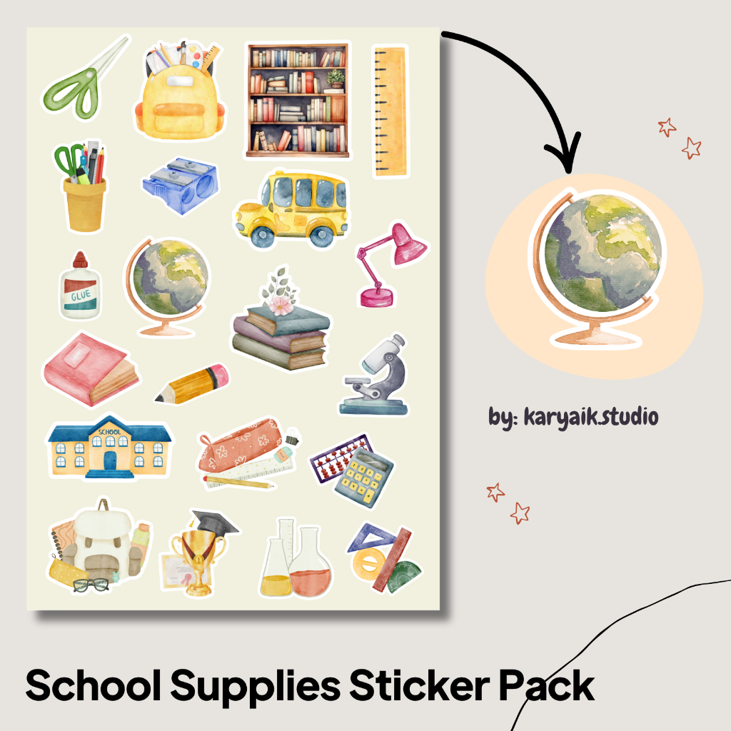 

School Supplies Sticker Pack - Vinyl Aesthetic A6 | Stiker Planner, Laptop, Jurnal