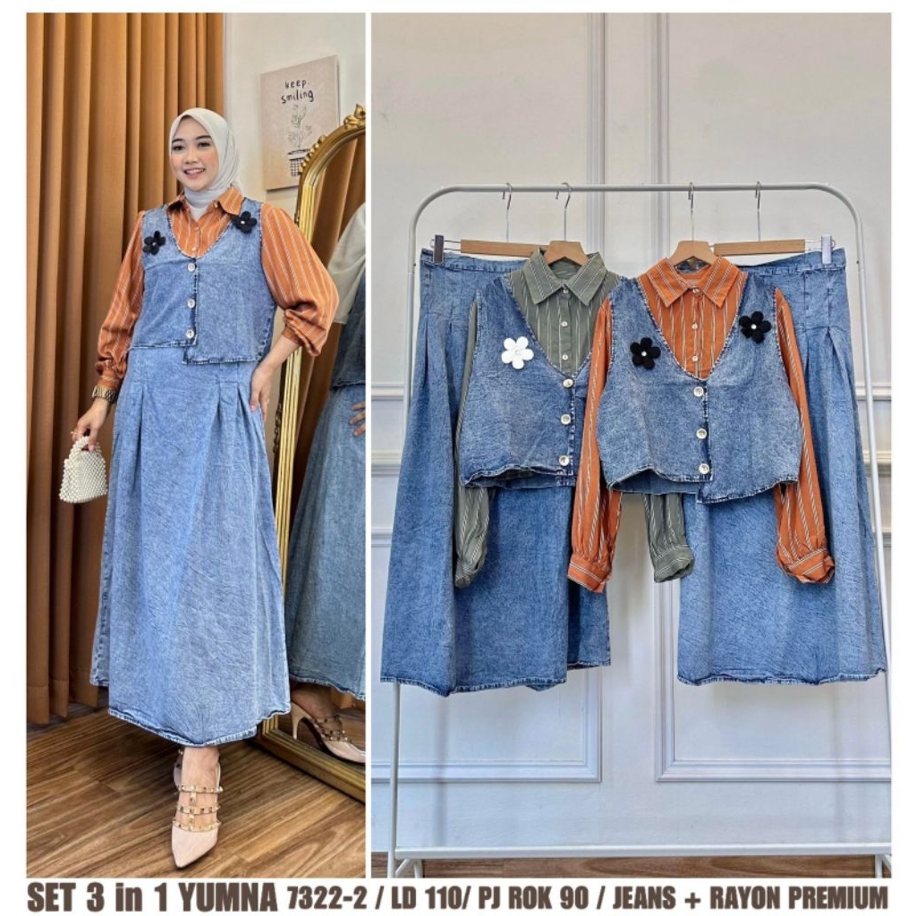 Set 3in1 Yumna/ SET ROK 3IN1 JEANS LABEL ZARA/ SET YUMNA JEANS ROK