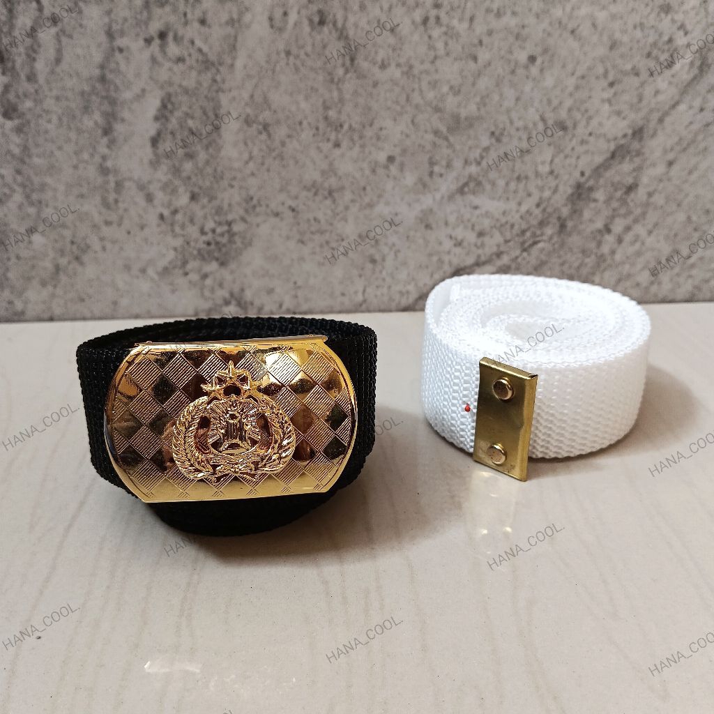 sabuk ikat pinggang pdh polri kuningan motif logo timbul,tali sabuk bisa request (hitam/putih)