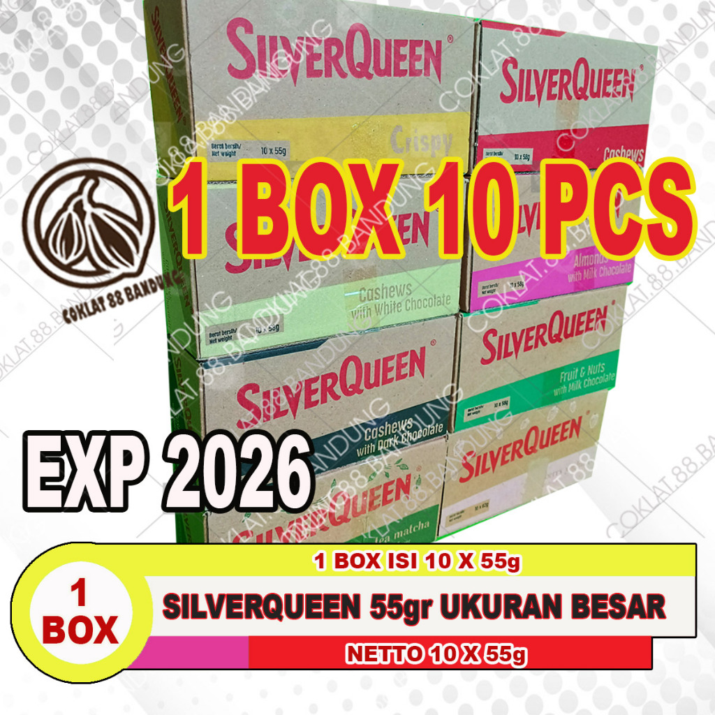 

SilverQueen 55 gram - 1 Box isi 10pcs Coklat Rasa Dark White Fruit Crispy Coklat Silver Queen 55gr
