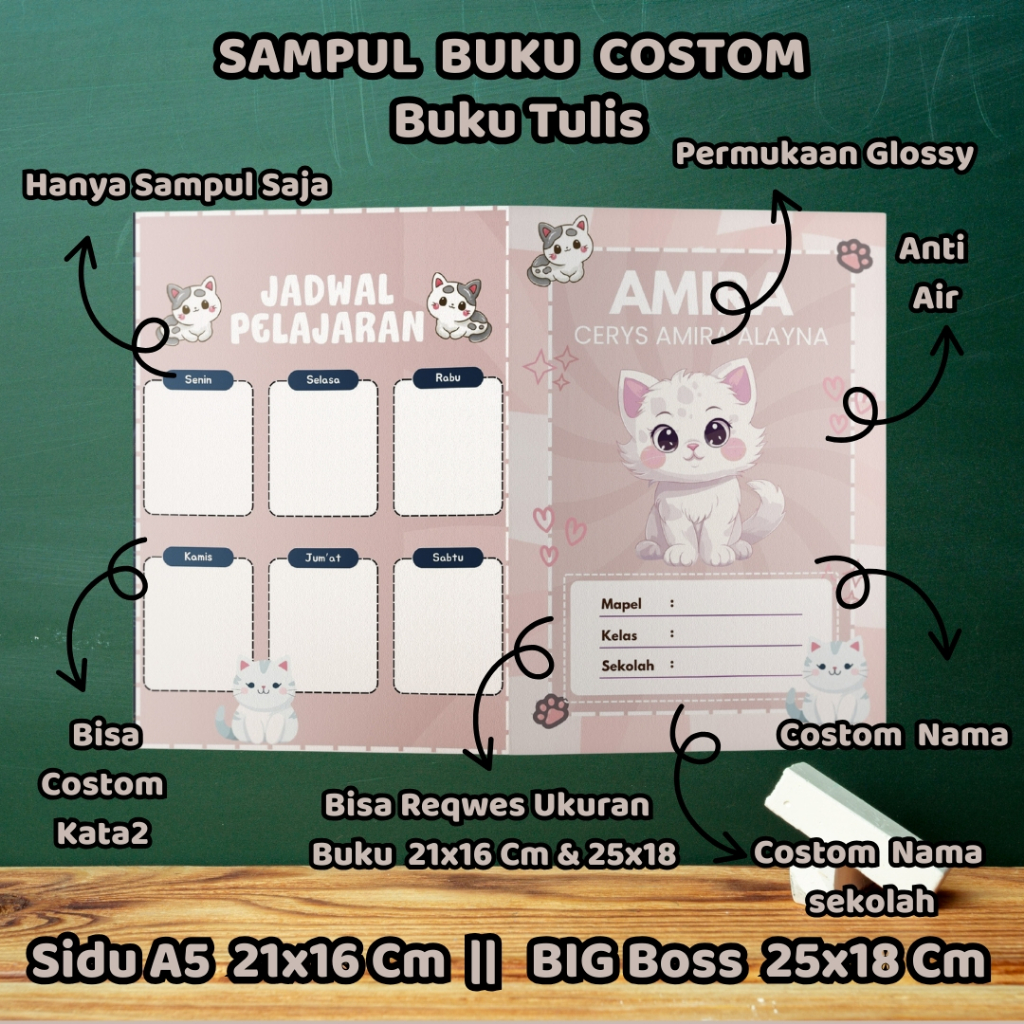 

Sampul Buku Custom Tema Kucing (Nama, Nama Sekolah, Kelas & No Absen) Isi 10 Pcs/ Cover Buku/ Sampul Buku Kecil Standart/ Sidu