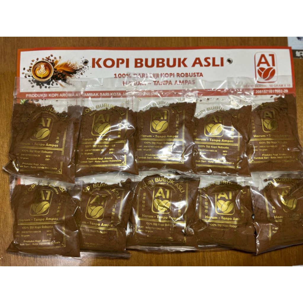 

Kopi Bubuk Asli A1 Robusta Eceran Warung 50Gram 1 Pak isi 10 Bks Ground Coffee , kopi bubuk Robusta, powdered Coffee