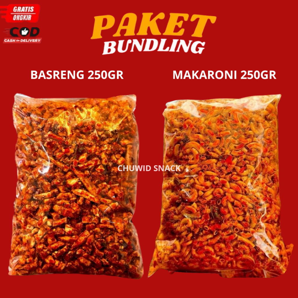 

PROMO PAKET BUNDLING BASRENG PEDAS DAUN JERUK 250GR DAN MAKARONI PEDAS DAUN JERUK 250GR