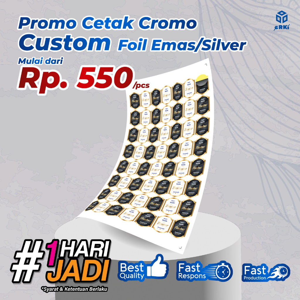 

Cetak Stiker Cromo / Hotprint / Foil Emas / Silver / Label Nastar / Free Kiss Cut - ERKI PRINTING