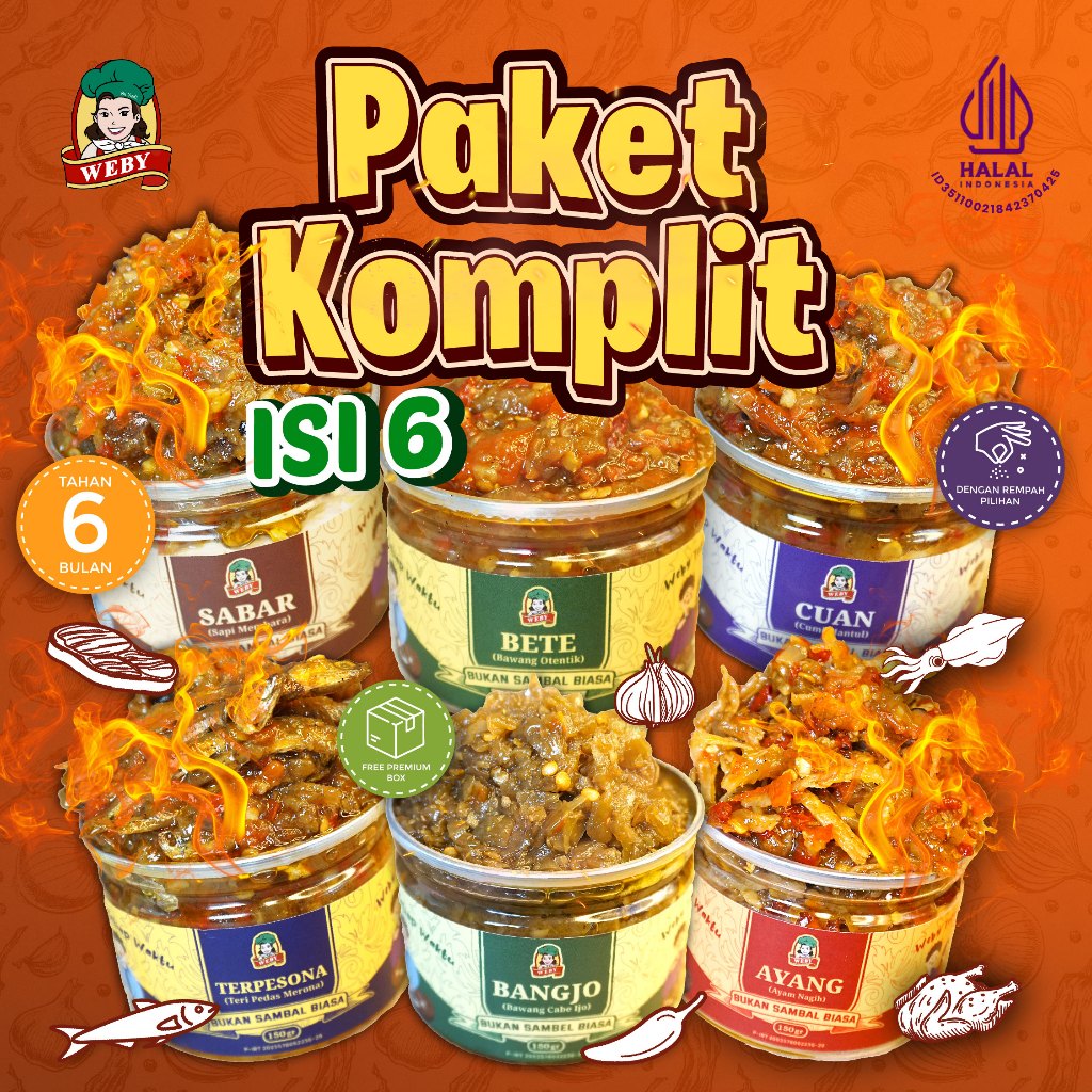 

Sambal Weby Paket Komplit 6 Varian - Sambal Cumi, Sambal Ayam, Sambal Daging, Sambal Cabe Ijo, Sambal Bawang, Sambal Teri isi 150 gr