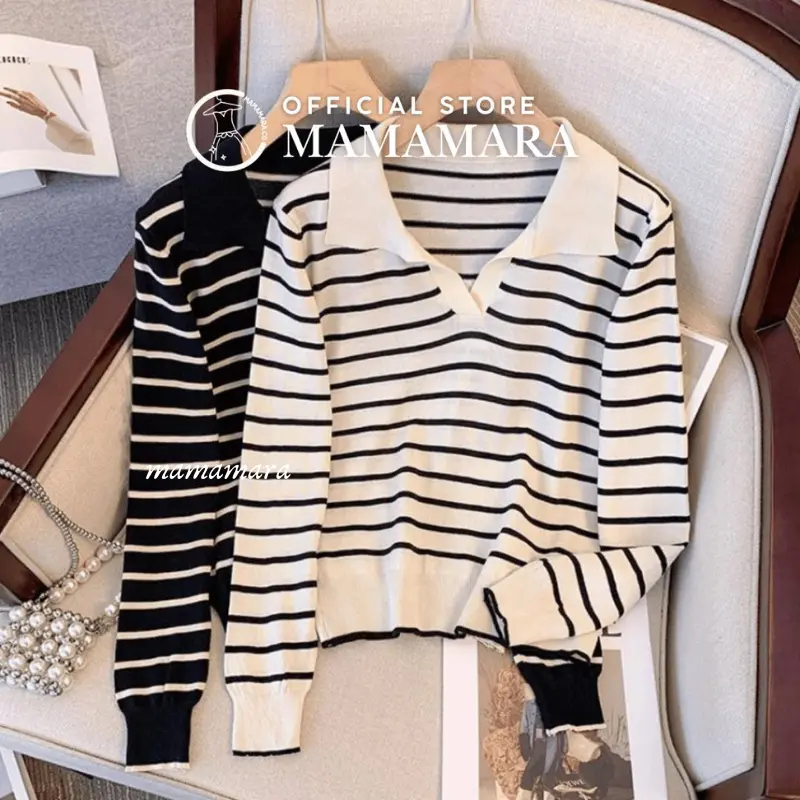 MAMAMARA - Knitwear Sweater Crop Top Rajut Bergaris Lengan Panjang Putih Wanita Atasan