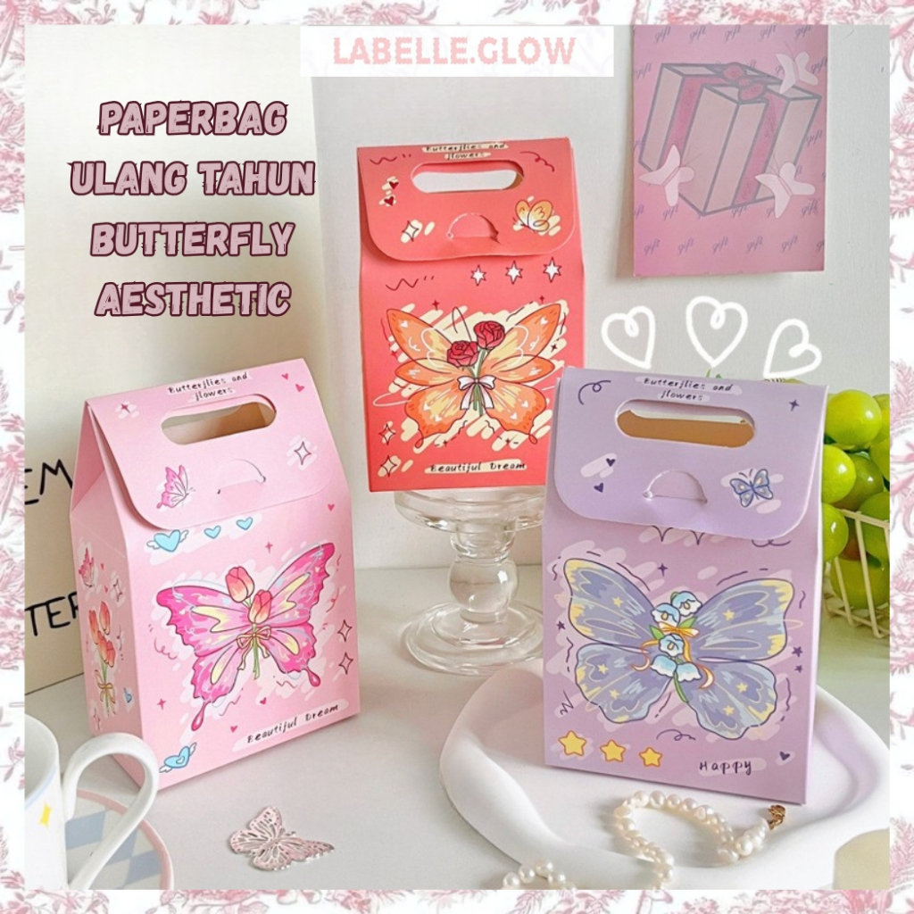 

LB Paper Bag Kado Tas Hadiah Ulang Tahun Tas Kado Motif Kupu-Kupu Butterfly Aesthetic Hampers ST32