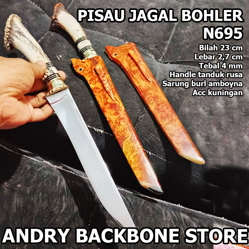Pisau Jagal Bohler N695 - Bilah 23cm | Handle Tanduk Rusa | Sarung Amboyna