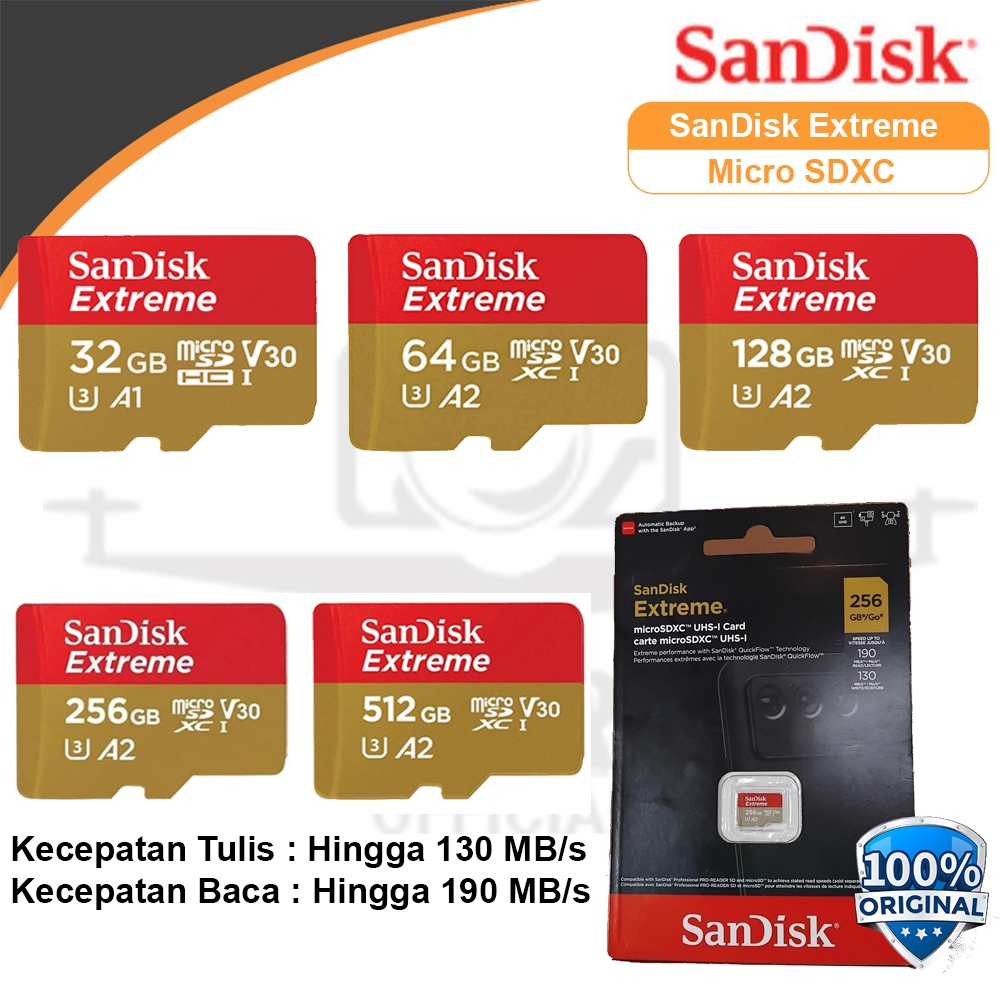 Sandisk Extreme Micro SD / MicroSD 32GB - 64GB - 128GB - 256GB - 512GB Memory Card SDHC SDXC A2 V30 