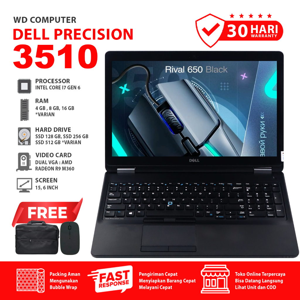 Dell Precision 3510 Core I7 Gen 6 I VGA AMD Radeon R9 M360 I Ram 32 Gb Ssd NVME 1 TB I Mouse Dan Tas