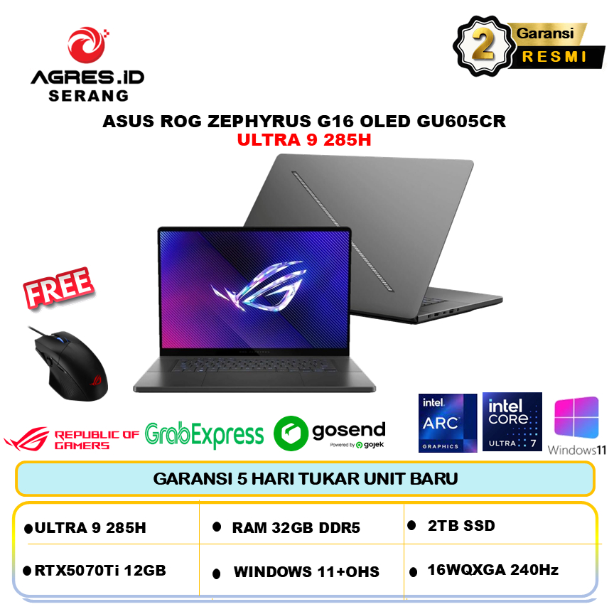 Asus Rog Zephyrus G16 Oled GU605CR Ultra 9 285H RTX5070TI 12GB/ 32GB 2TB W11+OHS+M365B 16.0WQXGA 240