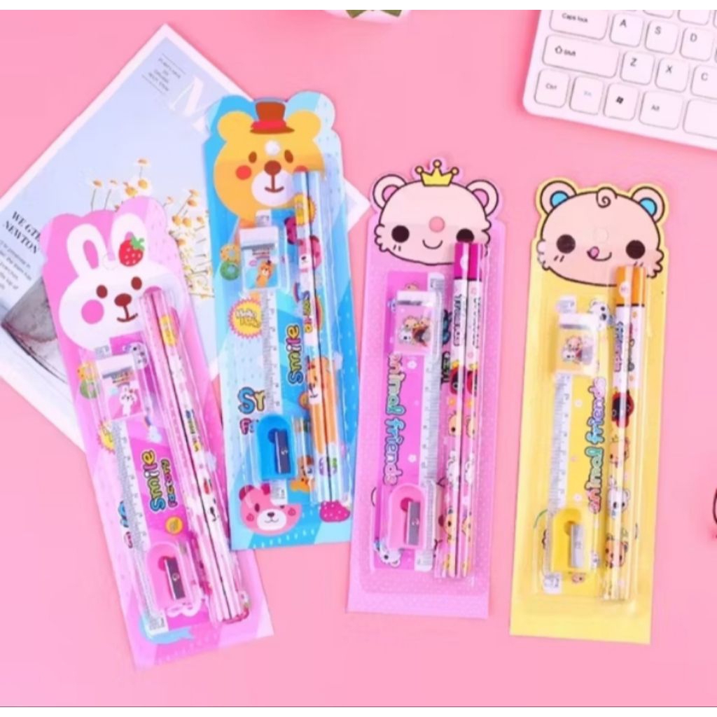 

Set 5 in 1 Alat Tulis Anak Sekolah Penghapus Penggaris Pensil Serutan Karakter