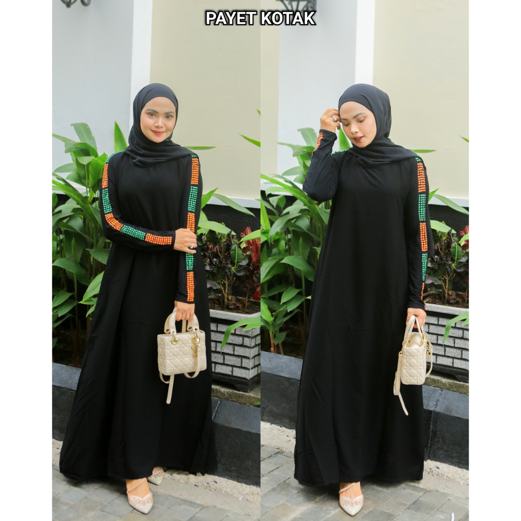 ABAYA GAMIS HITAM PAYET KOTAK RESLETING RAGLANT
