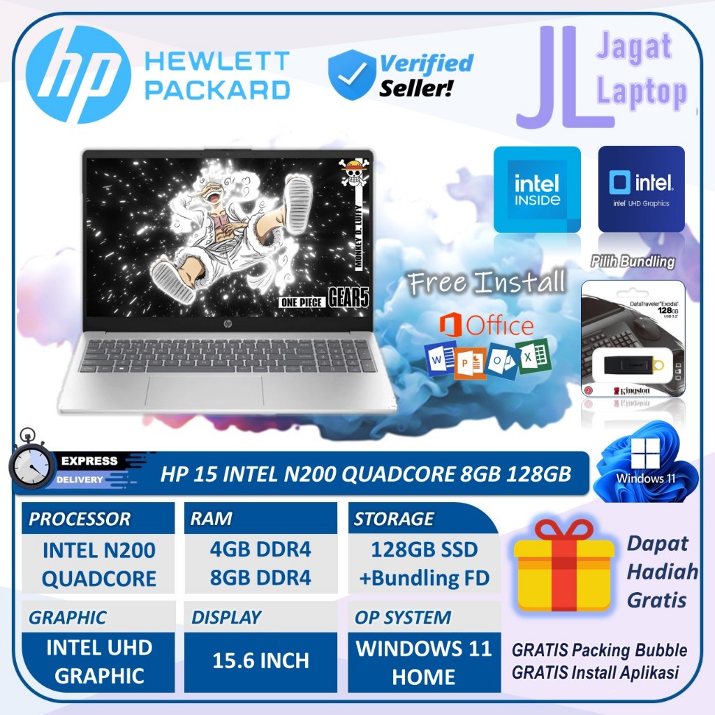 Laptop Terbaru HP 15 Intel N200 Ram 8GB 128GB UHD Graphics Windows11 Home Silver