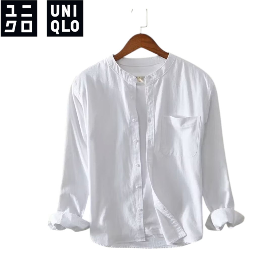 uniqlo Shanghai kemeja pria lengan panjang kerah Shanghai pola Slim fit