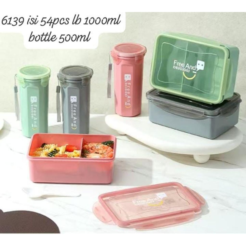 tempat makan 1set anti tumpa lunch box KD-8216 1050ml+motor minum 500ml free sendok garpu 2in1
