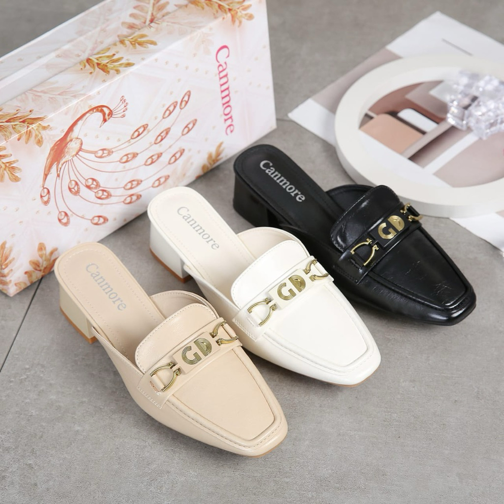 Sandal Mules Wanita Canmore – Model Formal Elegan, Aksen Rantai Gold & Hak Pendek