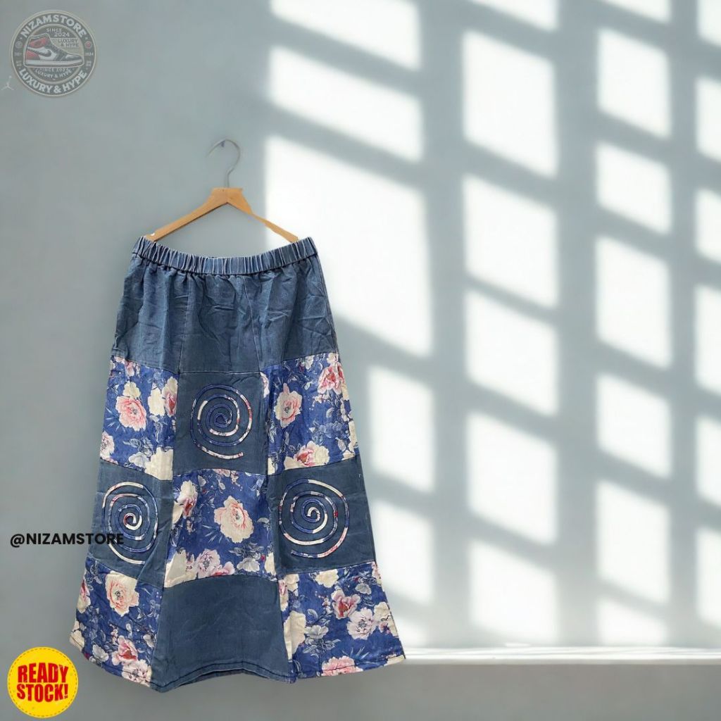 Rok Wanita Jeans Import Motif Bunga Spiral Printed Model A Line Lp 100-120 Pj 95 Rok Panjang Jumbo K