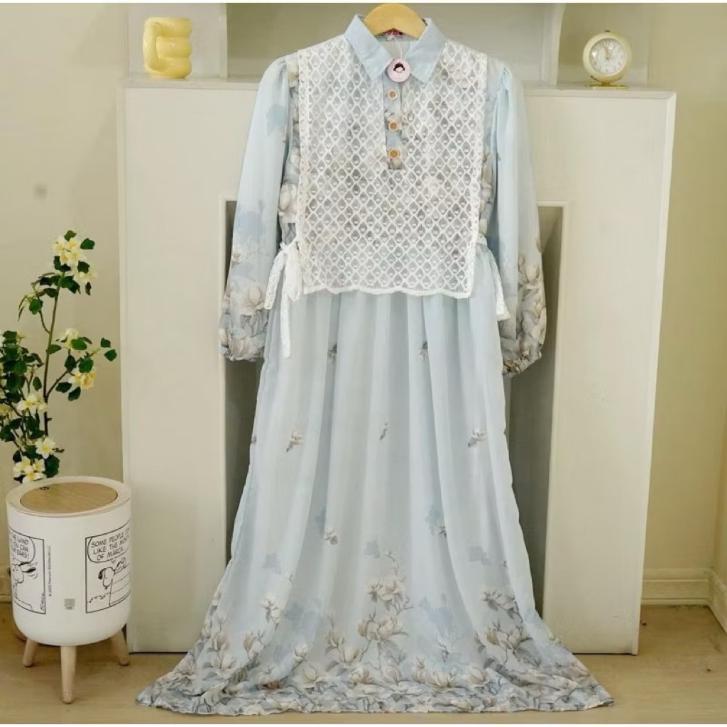 Dress gamis vanica ceruty + renda full puring LD 100-110 panjang 140 new busui kancing