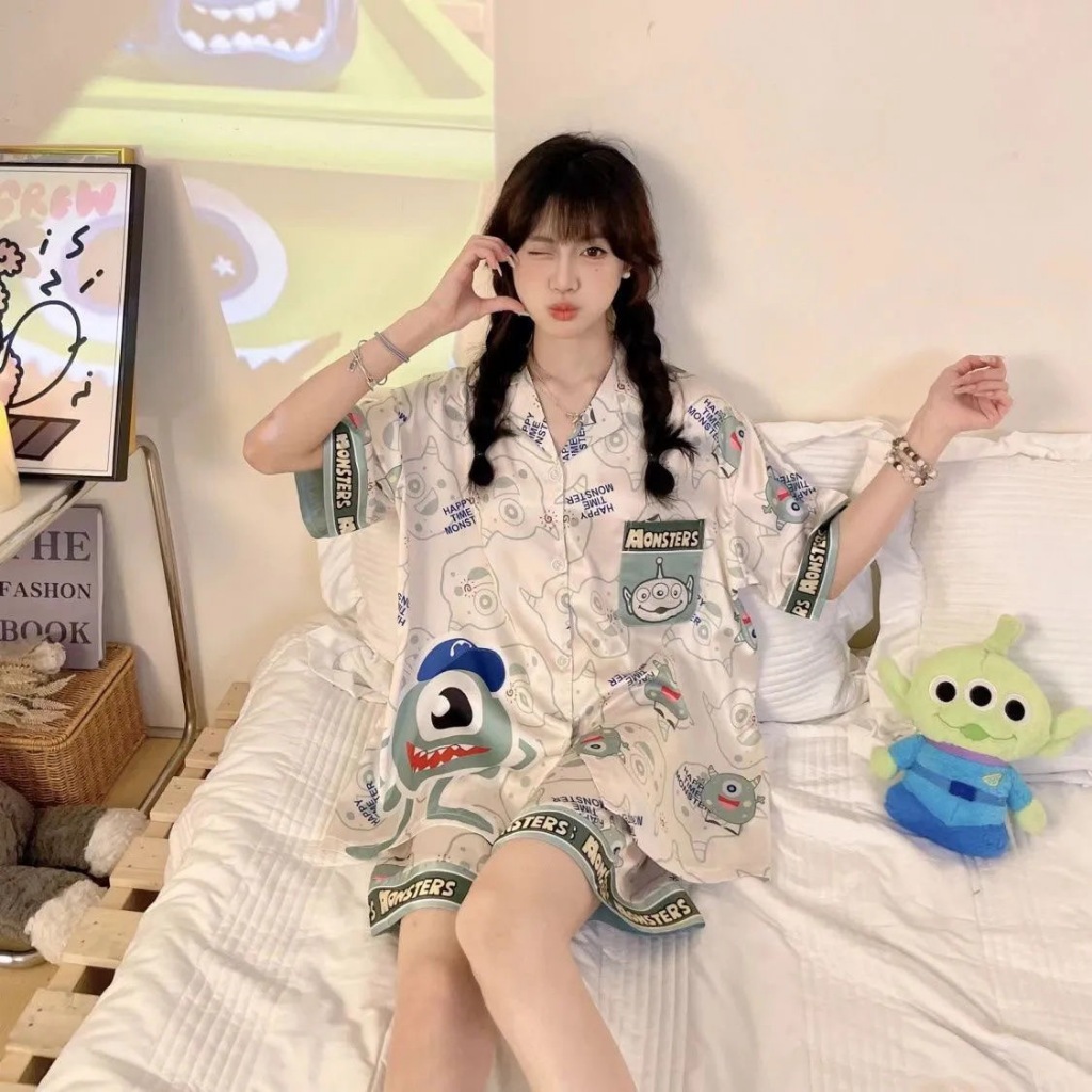 Baju Tidur Wanita Kain Sutra Es Impor, Pendek Lengan Celana Pendek, Desain Kartun Lucu/daster/baju t