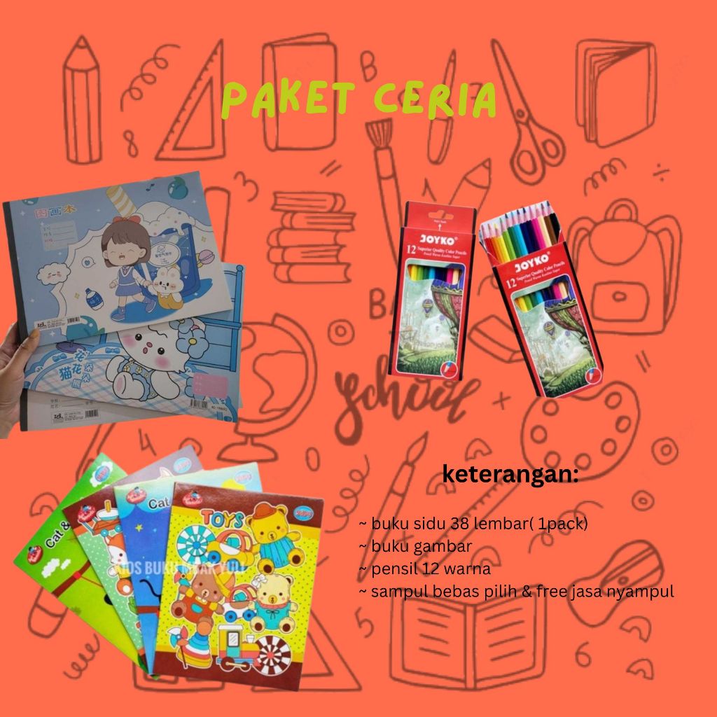 

paket ceria( buku tulis, buku gambar, pensil warna 12)