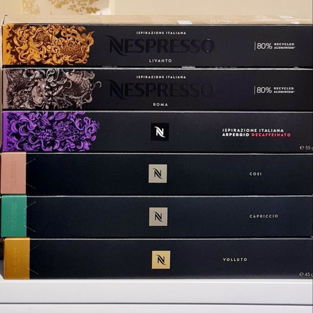 

1 BOX Nespresso Original Nestle Pack Coffee Barista Kopi Kapsul World Explorations UK Paris made in Swiss Livanto Roma Arpeggio Decaf Capriccio Volluto Cosi Espresso 10 capsule capsul