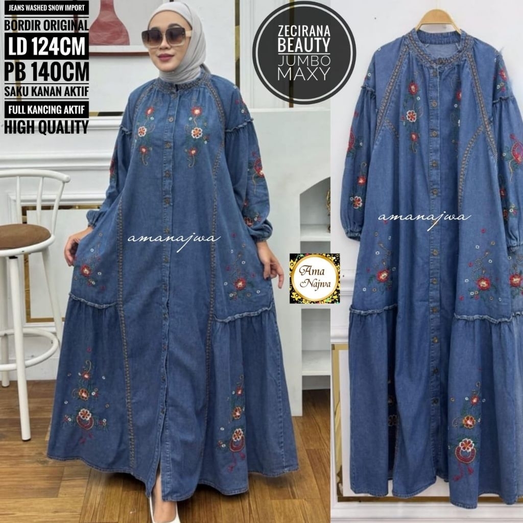 LD 140 | LD 120 Baju Gamis Jeans Washed Snow Bordir ZECIRANA BEAUTY SUPER JUMBO