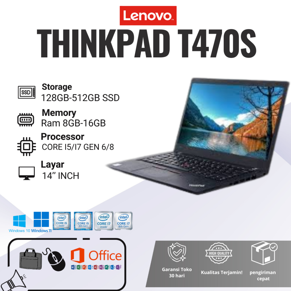 Laptop Lenovo Thinkpad T470s Core i5 & i7 Gen 6 & 7 Ram 8GB-20GB SSD 256GB-512GB