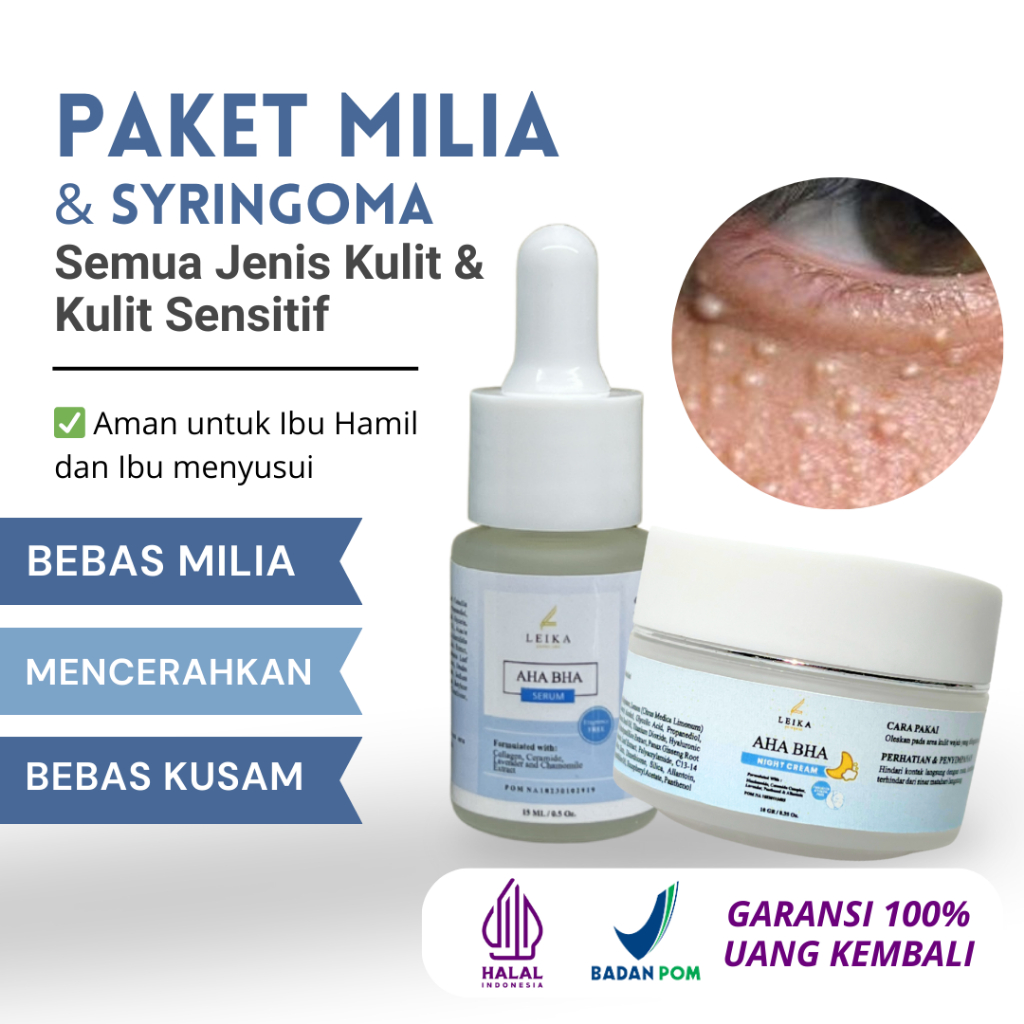 Paket Milia 2in1 Serum AHA BHA Leika Skincare Krim Milia di bawah Mata Obat Milia Night Cream Milia