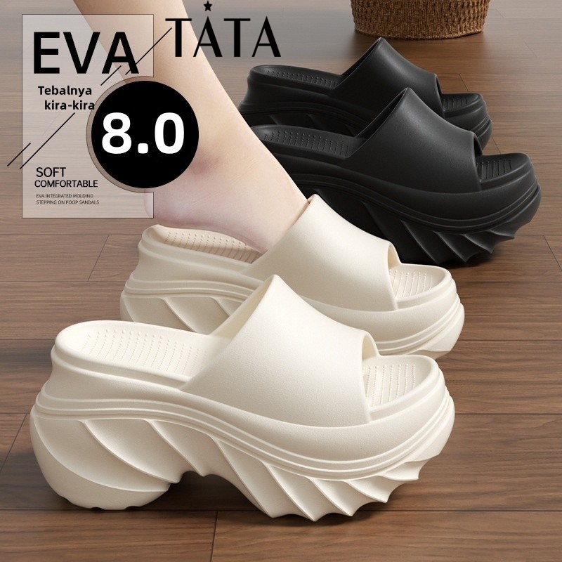 TATA Sandal Wanita Mode Tinggi 8cm Sandal Wanita Elegan Karet Sepatu Sandal Wanita Sandal Crocs Wani