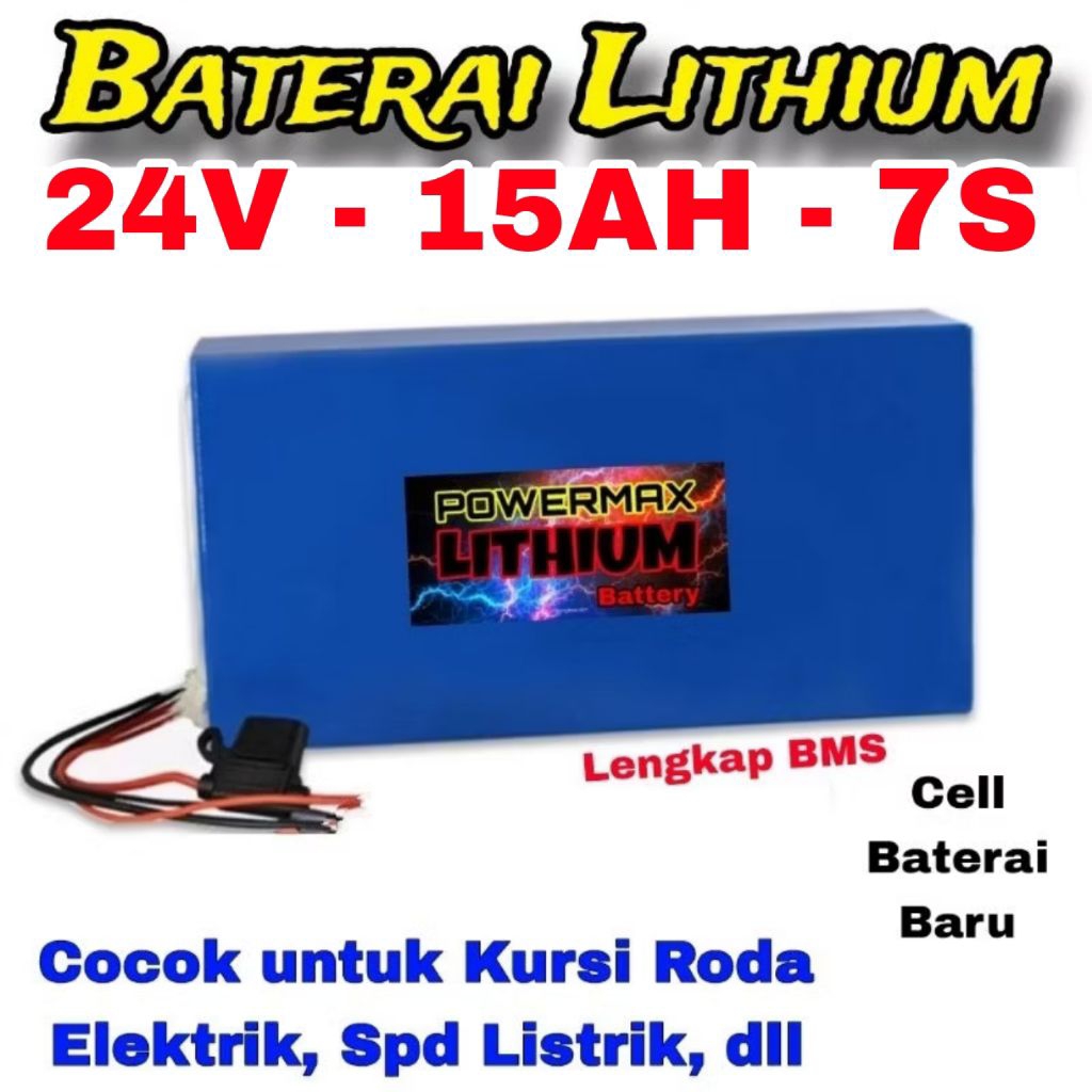 Baterai Lithium Pack 24V 15Ah Powermax, coxok untuk Kursi Roda Listrik, Sepeda Listrik, Mini Trail E