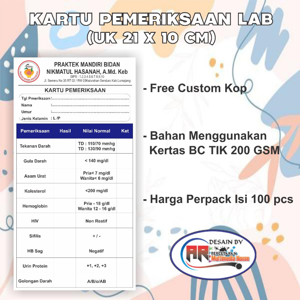 

Kartu Laborat - Kartu Pemeriksaan Laborat Lengkap (kadar gula, tensi, asam urat, colestrol, HB) dll.