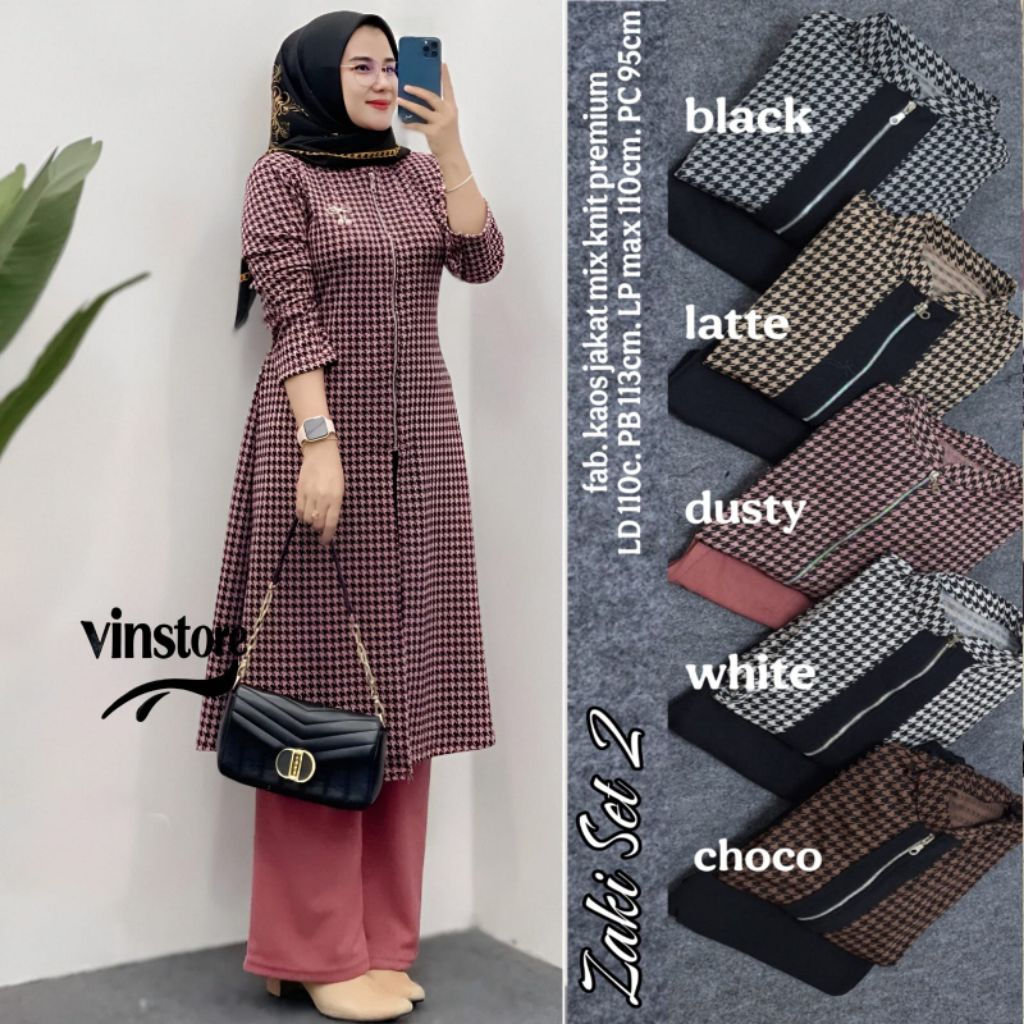 ZAKI SET LONG TUNIK KNIT MOTIF KOTAK-KOTAK by VINSTORE