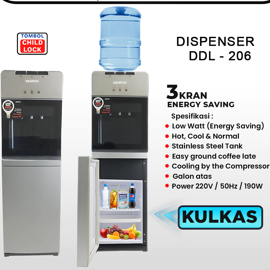 Denpoo Dispenser Galon Atas Kabinet Kulkas Compressor Panas,Dingin Es & Normal Denpoo DDL 206