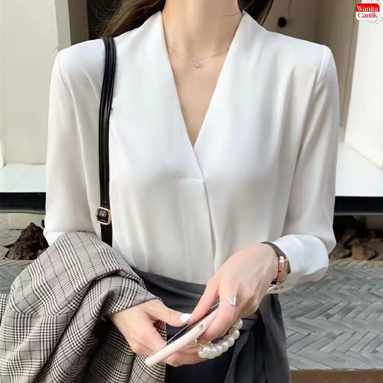 Blouse Wanita Satin Kemeja Lengan Panjang V-Neck Korean Style Polos Atasan Kerja Formal Elegan Blus