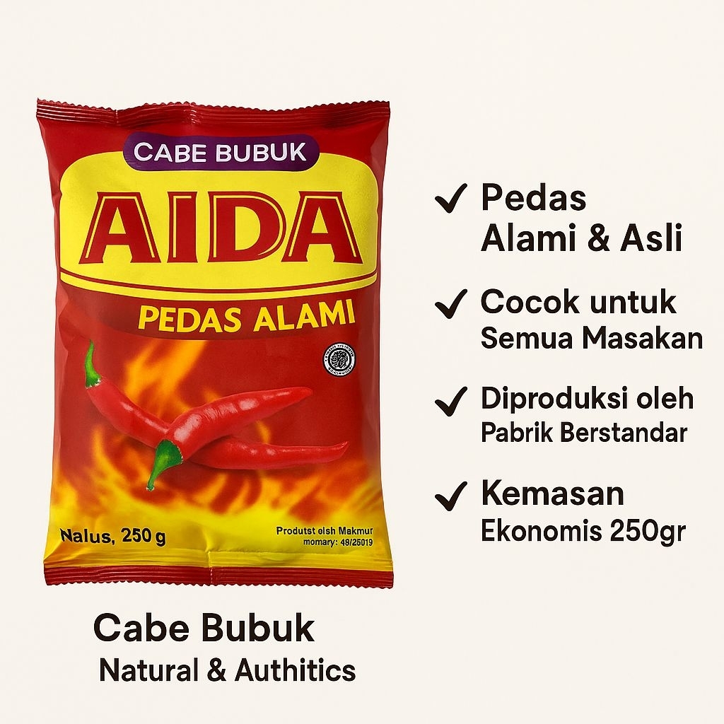 

Cabe Bubuk AIDA 250gr - Pedas Alami Asli Cabe Pilihan!
