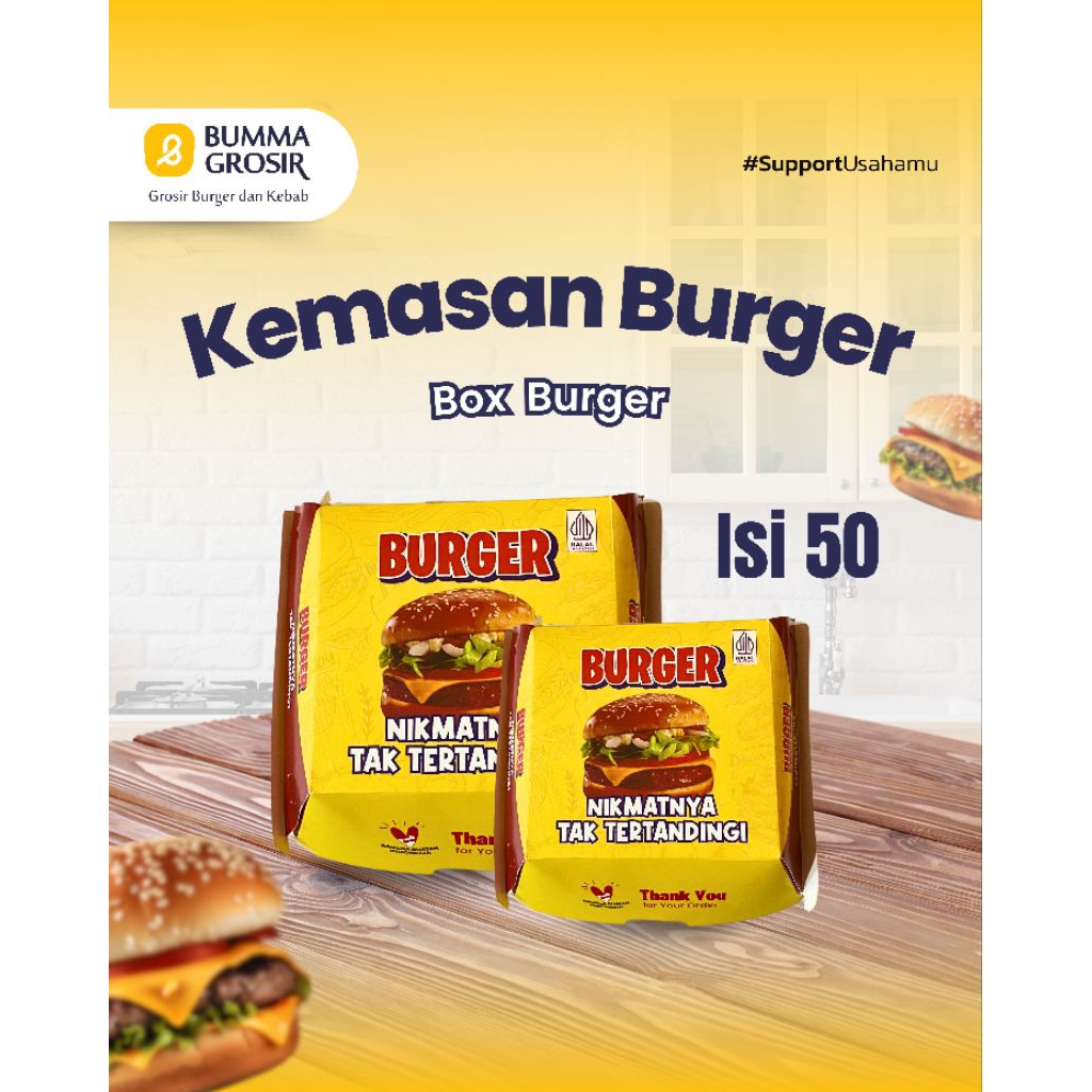 

Bumma Kemasan burger kotak - box burger - dus burger - bungkus burger - Kemasan burger kotak kuning merah 50lmbr