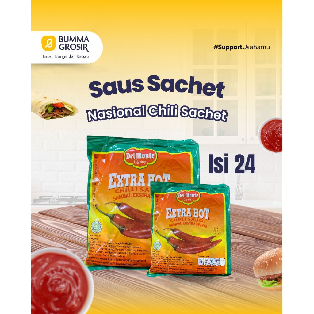 

Delmonte Saus chilli extrahot sachet - chilli extrahot sauce sachet - saus cabai extrahot sachet - saus sambal cabai extrsahot sachet - 24pcs