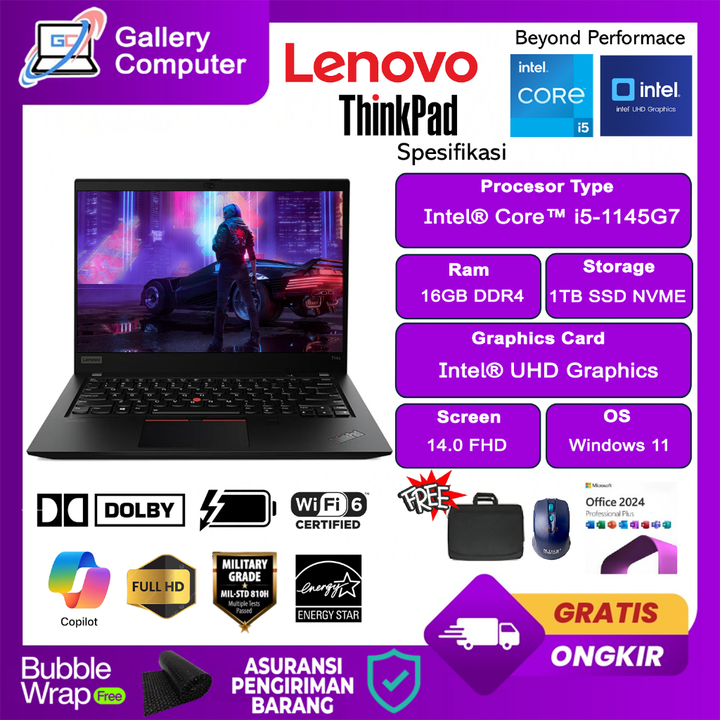 Laptop Lenovo Thinkpad T14 Intel Core i5 1145G7 Ram 16GB 1TB SSD Windows 11 Office 2024 Black