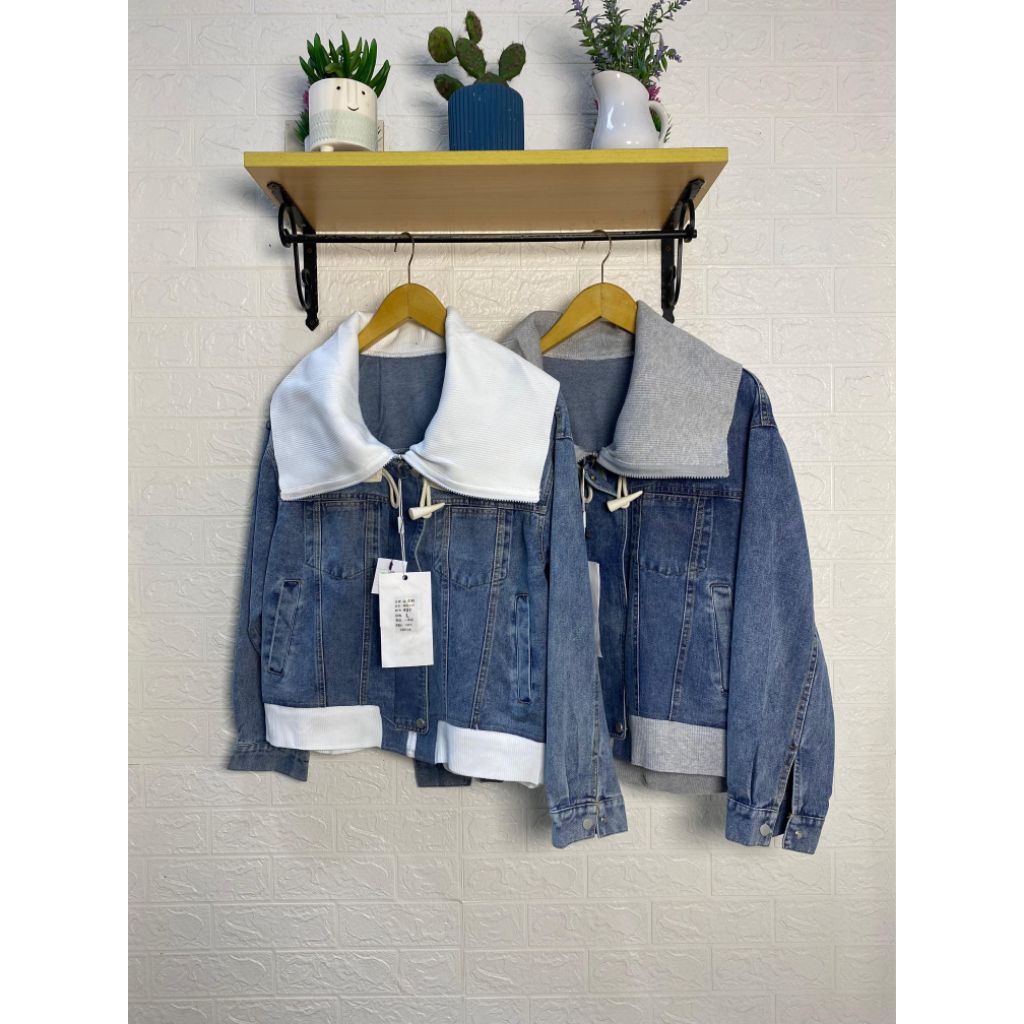 [J-203] Jaket Denim Woman Mix Knit Kerah Kekinian Turtleneck Model Kancing Kimtan