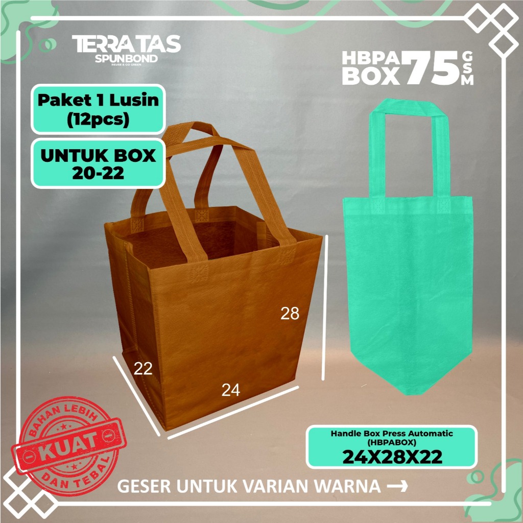 

Paket 1 Lusin HBPA BOX 75 GSM 24x28x22 Box 20-22 kotak nasi Goodie Bag Tas Belanja Spunbond
