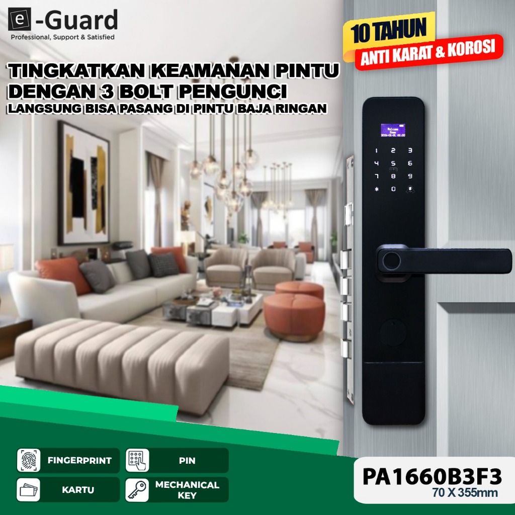 e-Guard PA1660B3F3 Smart Door Lock Fingerprint, PIN, Kartu Kunci Pintu Digital