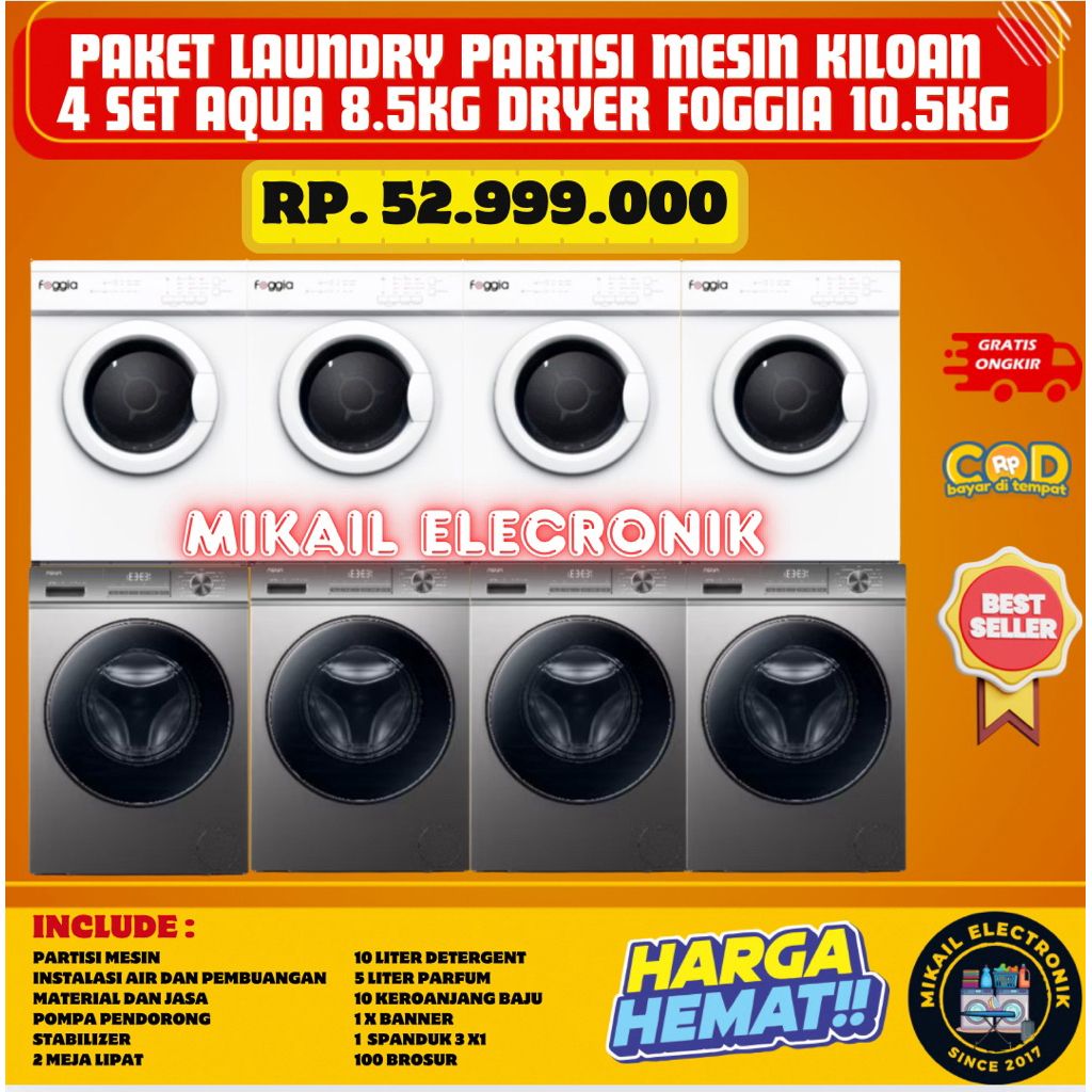 PAKET MESIN LAUNDRY PARTISI MESIN CUCI AQUA 8.5 KG DRYER FOGGIA SET