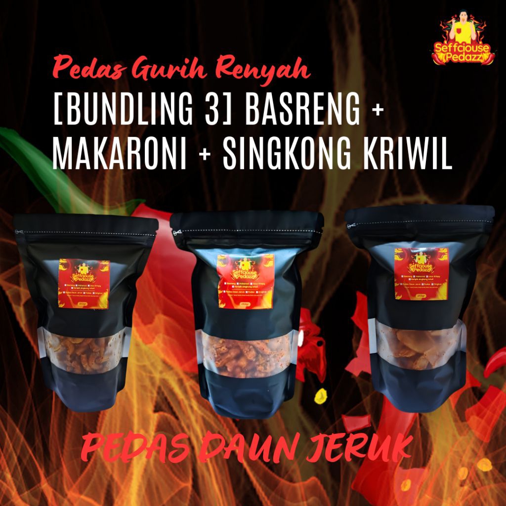 

Seffciouse Pedazz - Paket Move On: Basreng, Makaroni, Singkong Kriwil Pedas Daun Jeruk