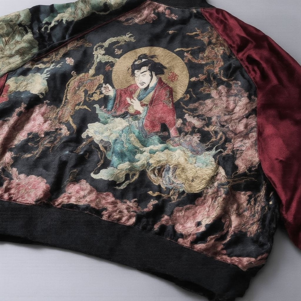 Outer Sukajan Jepang Karakuri Tamashii Raijin Fujin Reversible Rayon Silk – Size L Like New