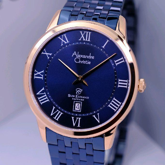Alexandre Christie Pria Original Warna Blue Rose Gold - Desain Slim - Kaca Sapphire - All Solid Stai