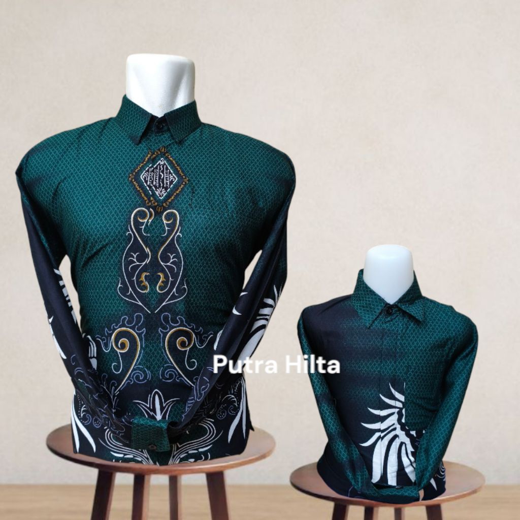 Kemeja Batik Hijau Emerald Couple Ayah Anak/ Batik Hijau Emerald Lapis furing