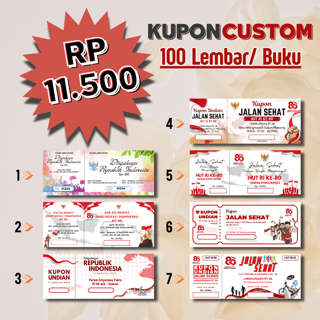 

Kupon Jalan Sehat / Undian / Voucher / Karcis Free Desain isi 100/bk ukuran 16x6,5 cm