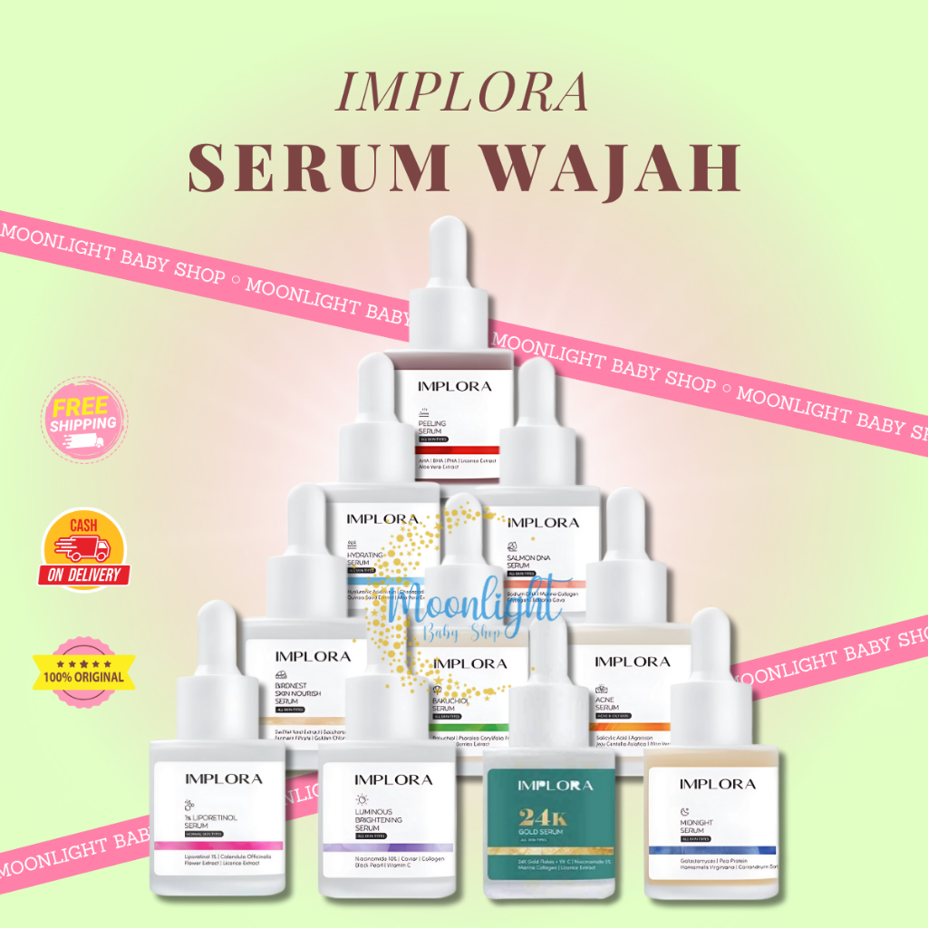 Implora Serum Wajah 20ml Face Serum 24K Gold, Hydrating, Acne, Brightening, Peeling, Midnight Serum